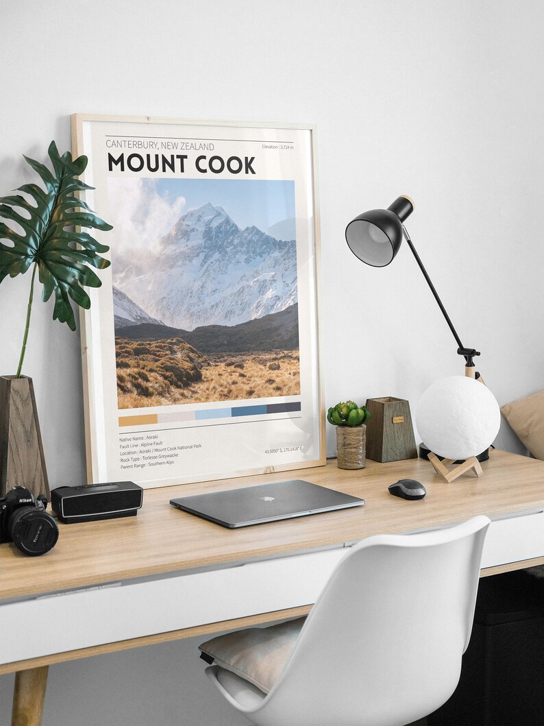 May include: A framed print of Mount Cook in New Zealand, with the text "MOUNT COOK" at the top. The print is on a wooden desk with a black lamp, a laptop, a camera, and a white chair.