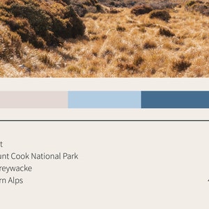 May include: A landscape image featuring a field of dry, golden-brown grass under a clear sky. The image includes a color palette and text identifying the location as Aoraki / Mount Cook National Park, with the text "Native Name: Aoraki".