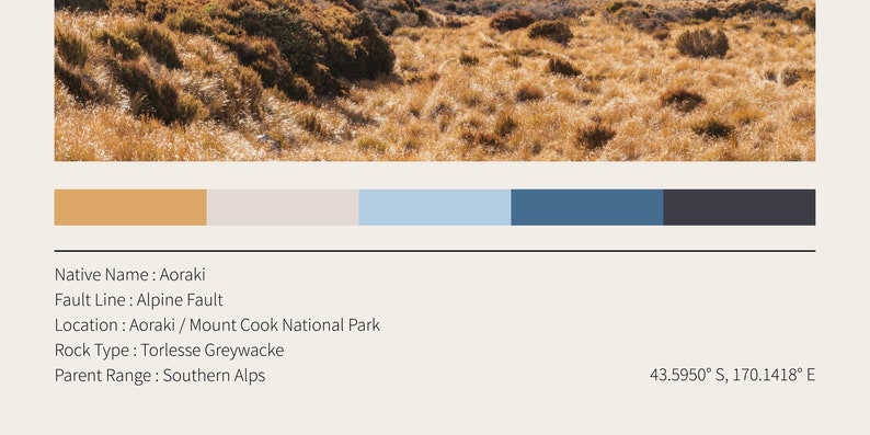 May include: A landscape image featuring a field of dry, golden-brown grass under a clear sky. The image includes a color palette and text identifying the location as Aoraki / Mount Cook National Park, with the text "Native Name: Aoraki".