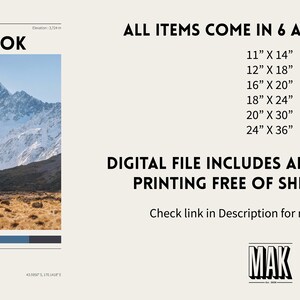 May include: A digital print featuring Mount Cook in Canterbury, New Zealand. The image shows a snow-capped mountain under a blue sky, with text indicating the print is available in 6 sizes, from 11" x 14" to 24" x 36".