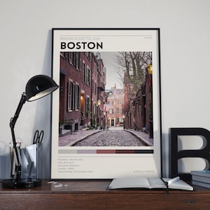 Boston Poster / Acorn Street / Vintage City Poster / Retro Wall Art / Minimalist Home Decor / Photography Prints / Urban Poster