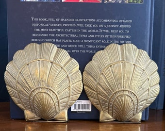Set of Large Vintage MCM Brass Sea Shell Bookends 5.5" Scallop Shell Nautical