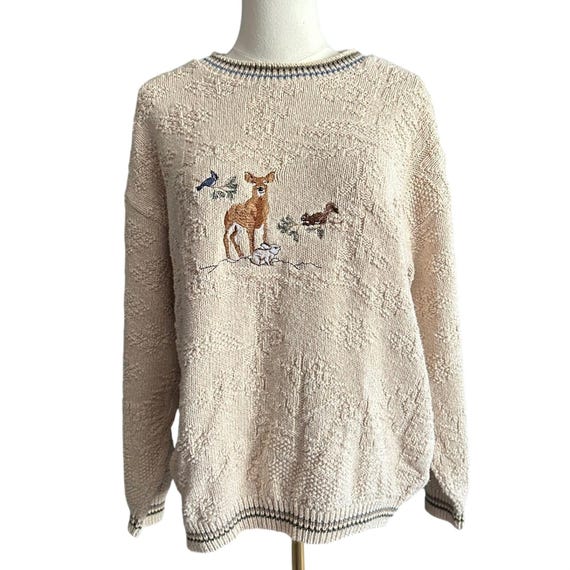 Vintage Northern Reflections Parkhurst Embroidered Deer Sweater Cream Medium