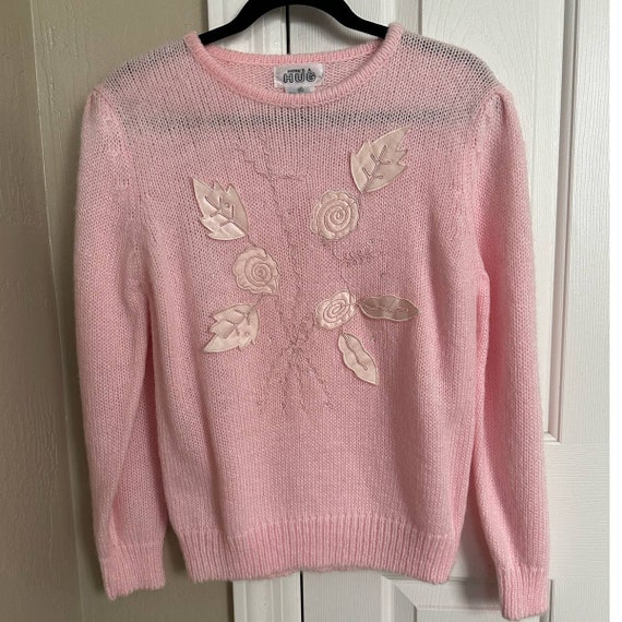 Vintage Here's a Hug Pink Sweater Floral Applique… - image 2
