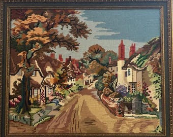 Gran paisaje de cabaña enmarcado vintage con bordado de aguja, 26 x 22 pulgadas, arte de bordado fino