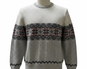 Vintage 1980s 90s KP Collection Nordic Snowflake Sweater | Gray Fair Isle Knit Pullover | Made in Romania | Size XL