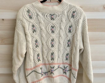 Vintage American Weekend Hand Knit Floral Sweater Korea Large