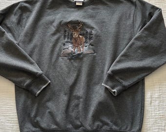 Vintage 90s MC Sport Deer Embroidered Crewneck Sweatshirt XL Gray Fleece Layered Collar Cabincore Gorpcore Whitetail Buck Wildlife Nature