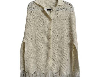 Vintage Cream Crochet Fringe Poncho Boho Cape Handmade Knit Shawl - One Size