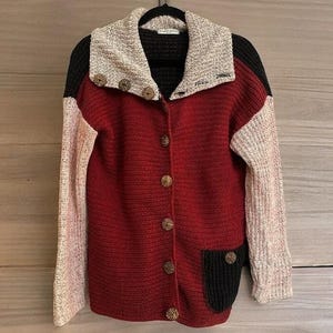 Vintage 90s Margaret Winters Colorblock Cardigan Sweater, Medium Heavy Knit Art to Wear Patchwork Button Up Sweater, Made in USA Whimsigoth