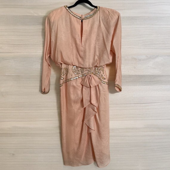 Vintage Vtg 80s A.J. Bari Silk Peach Beaded Dress… - image 1