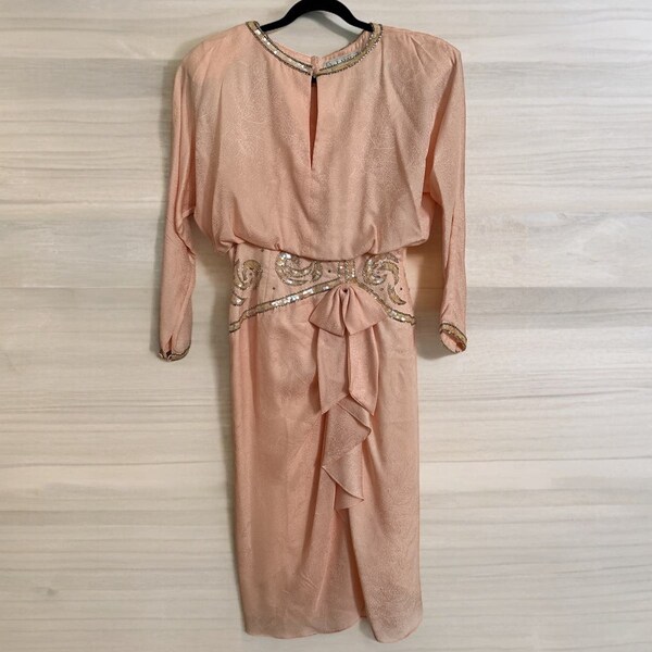 Vintage Vtg 80s A.J. Bari Silk Peach Beaded Dress 8