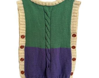 Chaleco de punto trenzado con bloques de color hecho a mano - Chaleco verde y morado con laterales abiertos