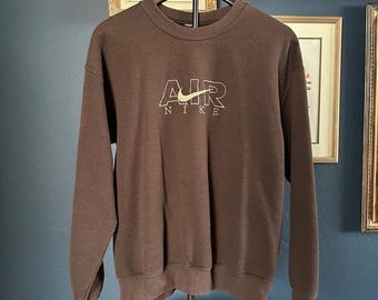 Vintage 1990s Nike Air Embroidered Spellout Sweatshirt - Rare Chocolate Brown Crewneck - Boxy 90s Fit - Size Large