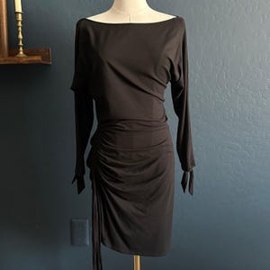 Vintage 90s Caché Black Ruched Mini Dress | Y2K Bodycon LBD with Tie Sleeves | Chic Evening Cocktail Dress | Size Small