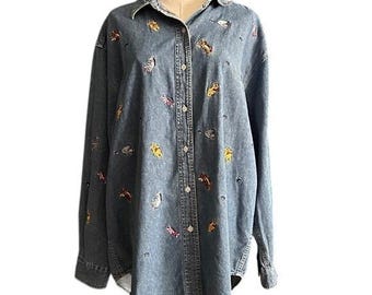 Vintage 1990s Disney Store Winnie the Pooh Embroidered Denim Shirt | All Over Character Print | 90s Disney Clothing | XXL Oversized Jean