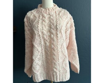 Vintage 80s 90s Pink Hand Knit Cable Sweater, Lori Lynn Chunky Knit Pastel Pullover, Cottagecore Coquette Soft Aesthetic Sweater, Size Small