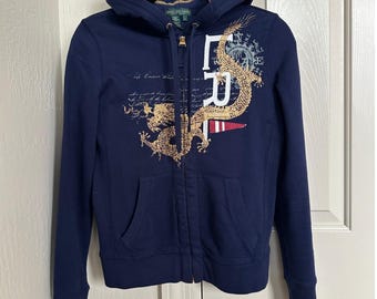 Y2K Ralph Lauren Dragon Gold Embroidered Zip Hoodie Navy Blue XS