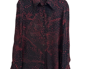 Vintage 90s ESCADA Silk Blouse - Red & Black Galaxy Polka Dot - 100% Pure Silk - Designer Button Down - Made in Germany - Size Small