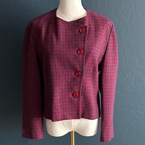 Vintage 80s Pendleton Petite Wool Jacket | Red and Navy Blue Houndstooth Asymmetrical Button Blazer | Made in USA | Dark Academia