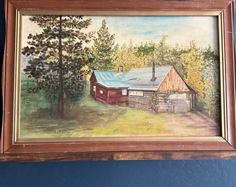 Vintage Original Signed Oil Painting Cabin House Landscape Art
