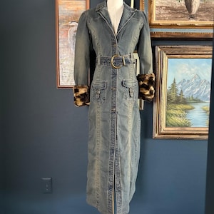 VTG Bebe Y2K Denim Maxi Trench Coat - Leopard Faux Fur Cuffs & Belted Small
