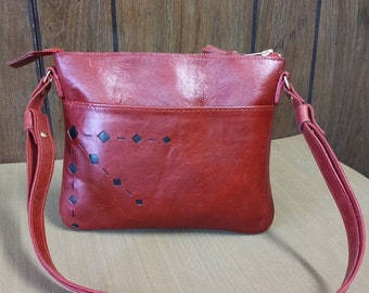 Red leather crossbody, soft leather bag, small red purse, leather shoulder bag with outside pocket.