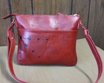 Red Leather Crossbody Bag, Minimalist Shoulder Purse, Outside Pocket