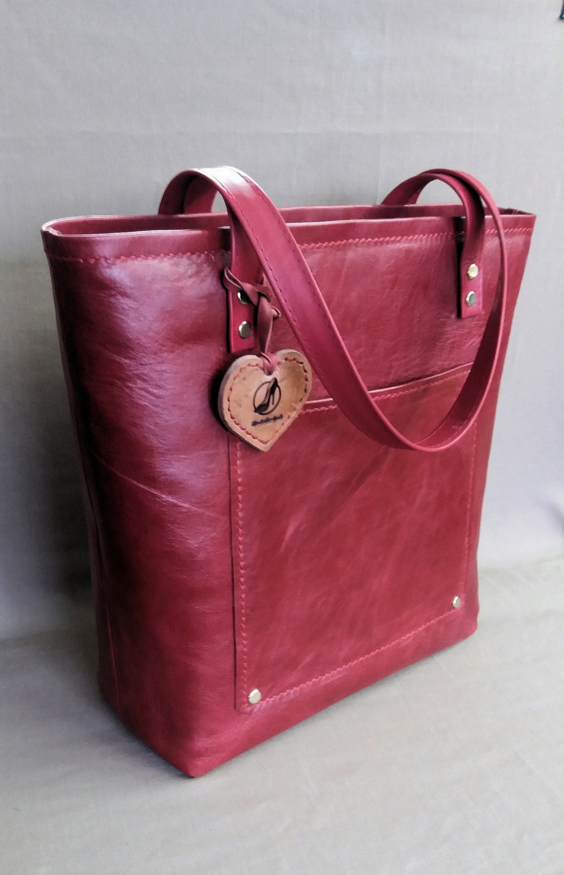 Red Leather Shopper, Medium Leather Tote, Leather Tote Bag for Women