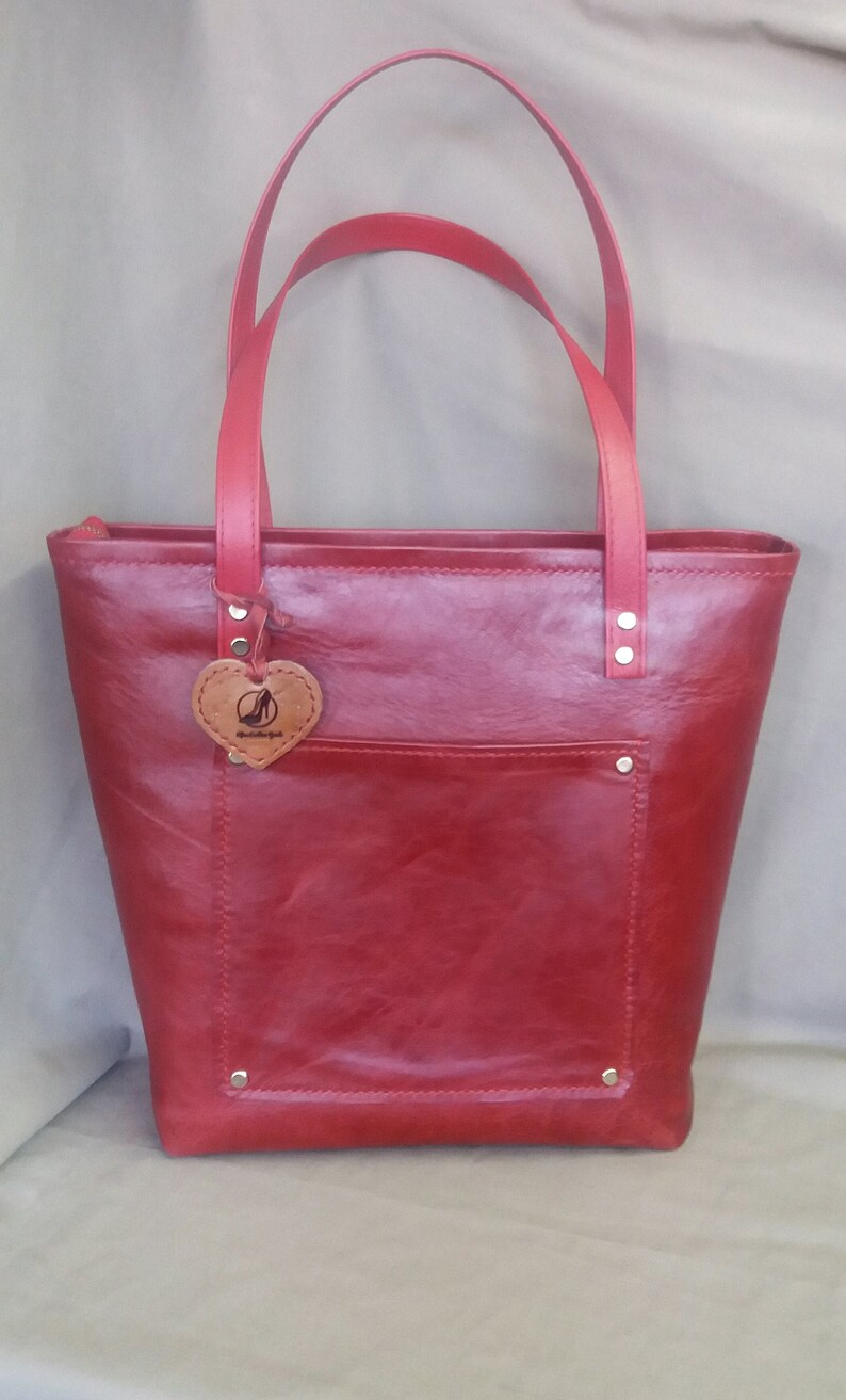 Red Leather Shopper, Medium Leather Tote, Leather Tote Bag for Women