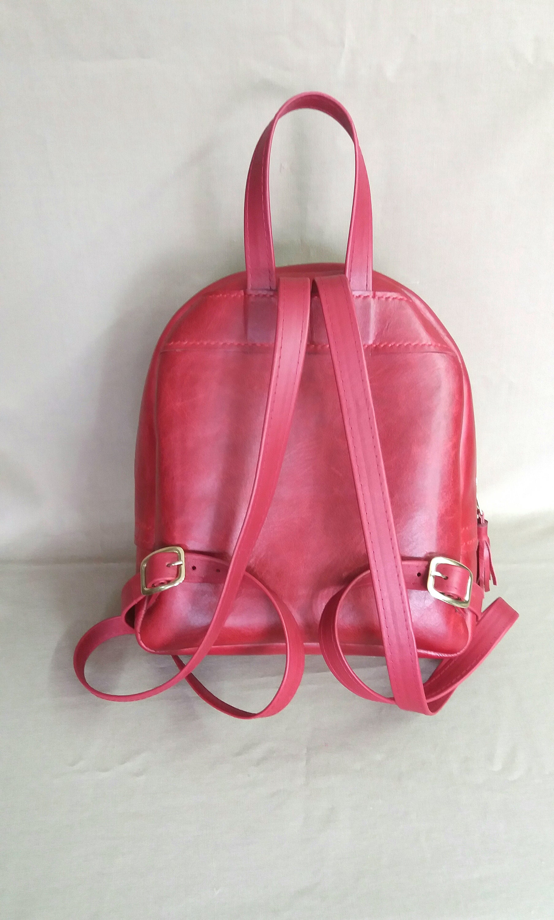 Red leather mini backpack tassel zipper pull Small rucksack Etsy