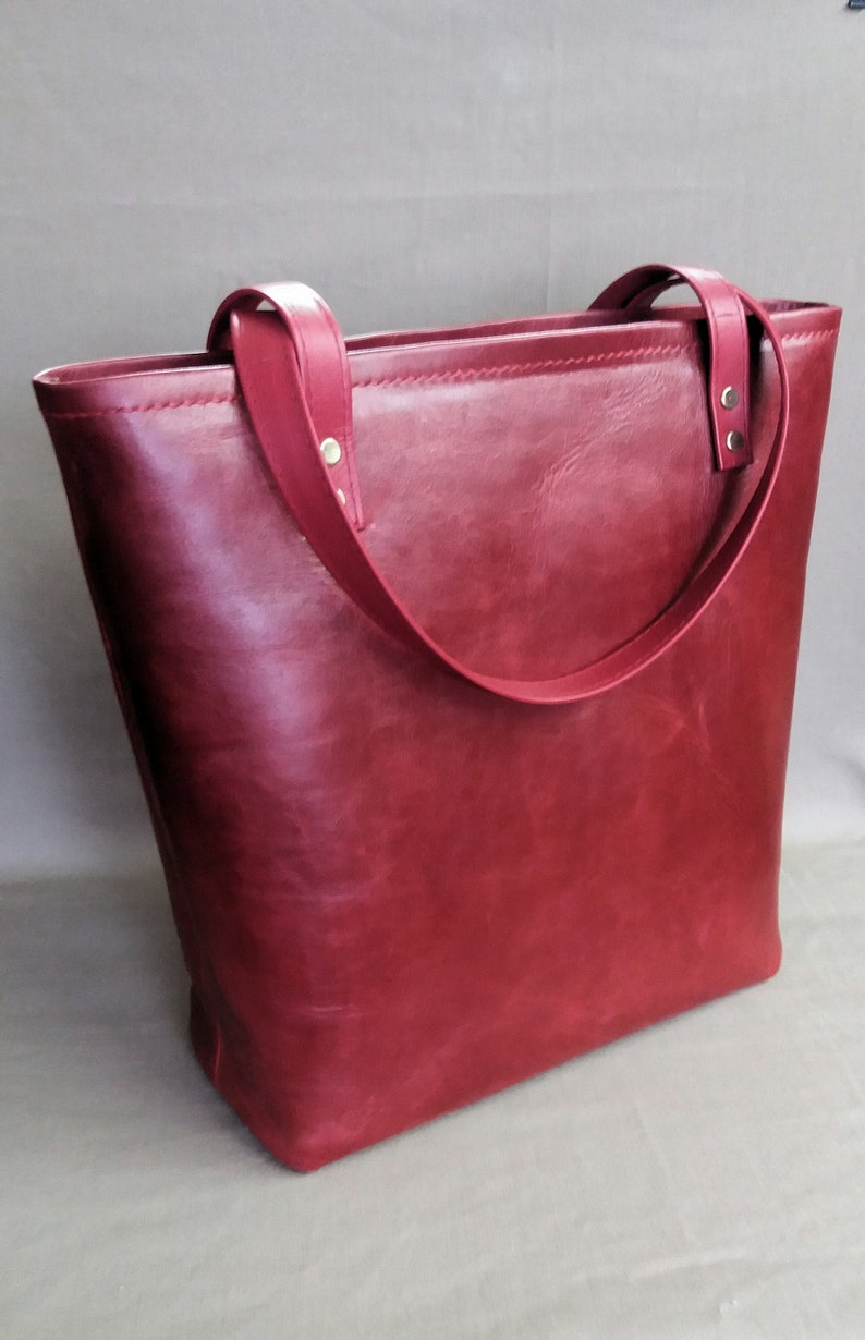 Red Leather Shopper, Medium Leather Tote, Leather Tote Bag for Women