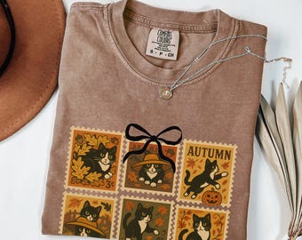 Tuxedo Cat Fall Shirt, Autumn Leaves Cat Tee, Cute Cat Lover Shirt, Cozy Fall Outfit, Halloween Cat Graphic Tee, Autumn Aesthetic Shirt