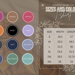 May include: Image showcasing a t-shirt with color options and size chart. The color options include Berry, Espresso, Crimson, Yam, Black, Violet, Pepper, Navy, Blue Jean, Denim, Blue Spruce, and Light Green. The size chart lists sizes S to 3XL with width and length measurements in inches.