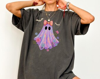 Pastel Ghost Halloween Shirt: Floral Bow, Spooky Girly Tee