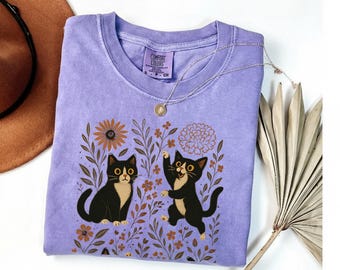 Tuxedo Cat Fall Shirt: Autumn Floral Design, Cozy Cat Lover Tee