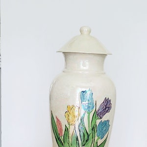 Large Iridescent Floral Ginger Jar with Lid, Glazed Hand Painted Ceramic Ginger Jar, Lidded Jar with Flowers