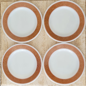 Set of 4  Vintage Pyrex Bronze Pattern Salad Plates, Milk Glass Bread Plates, Pyrex Tableware, Christmas Holiday Dinnerware, Red and White