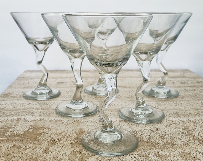 Set of 5 Vintage Libbey Zig Zag Martini Glasses, Zstem Cocktail Glasses, Squiggle Stem Glasses