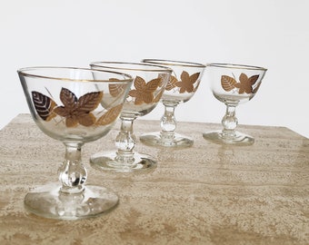 Four Vintage Libbey Gold Leaf Sherbet Glasses, Mid Century Modern Gold Rimmed Champagne Glasses, Vintage Coupe Glasses