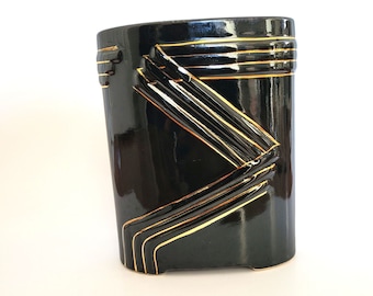 Art Deco Black & Gold Ceramic Vase, Vintage Vase