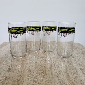 Set of 4 Vintage Libbey Glass Tumblers, Floral Design Drinking Glasses, Retro Juice Glass, Tall Water Glasses, Green Tumblers