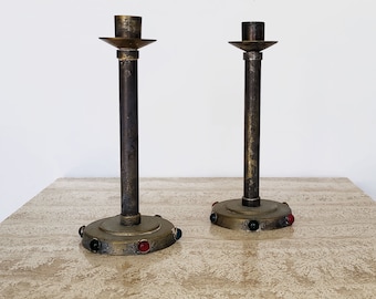Pair of Vintage Brutalist Candlestick Holders with Colored Glass Embellishments, Solid Brass Candle Holders, Tapered Candle Holders