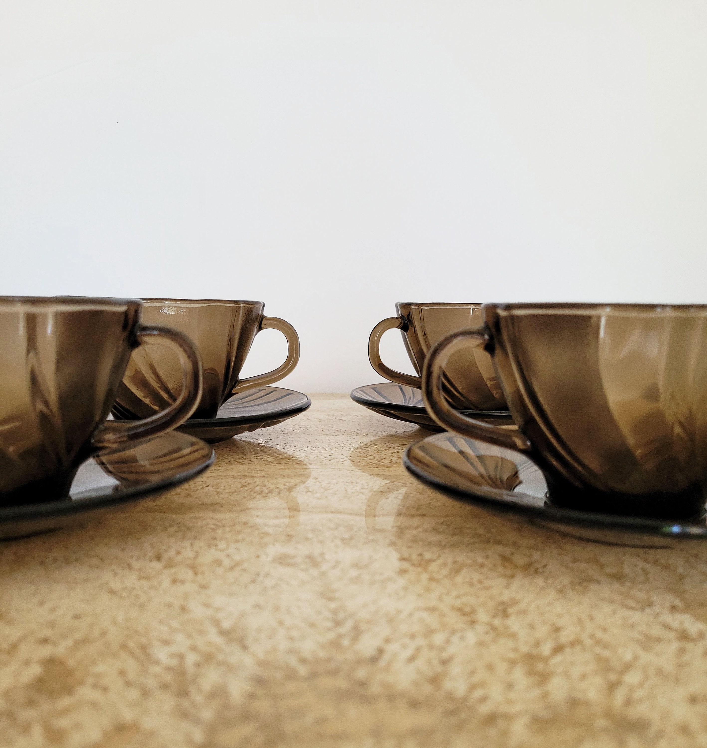 Set of 4 French Brown Glass Cups and Saucers Swirl Pattern | Etsy
