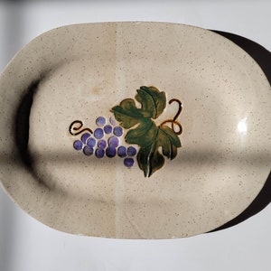 Vintage Handmade Ceramic Tray | Large Glazed Ceramic Platter | Grape Painted Ceramic Serving Platter | Oval Ceramic Tray | Vintage Tray
