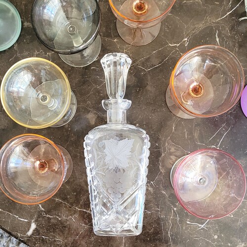 Unique Cut Crystal Decanter, Vintage Etched Glass Decanter, French Lead Crystal Decanter, Rare Glass Decanter shops