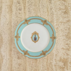 White & Mint Porcelain Dessert Stand with Gilt Monogram , Pedestal Plate, Scallop Rim Cake Stand, Dessert Serve ware, Centerpiece Plate