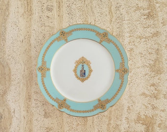Vintage Porcelain Dessert Stand: White & Mint Gilt Monogram Pedestal Plate
