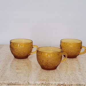 Set of 3 Vintage Sandwich Amber  Collection Glass Cups by Tiara, Raised Floral Design Amber Glass Mugs