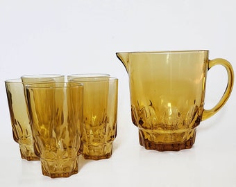 Vintage Viking Georgian Amber Glass Pitcher Set | 6 Piece Georgian Amber Honeycomb Pitcher & 5 Glasses | Vintage Pitcher Set